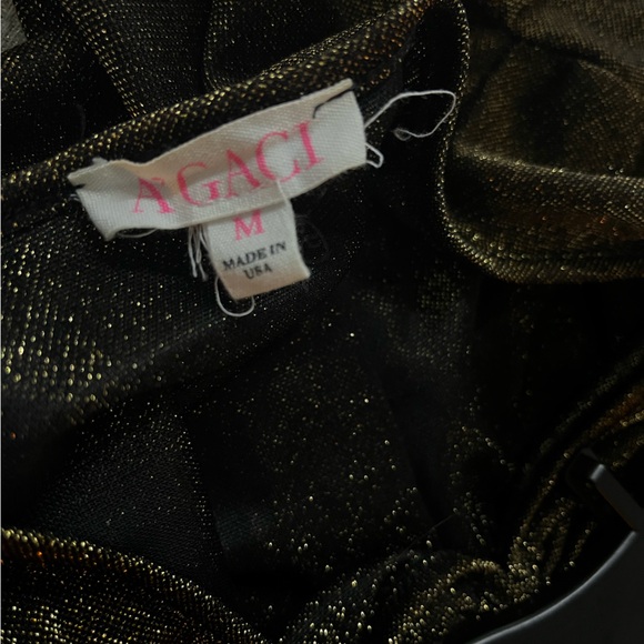 A’gaci Metallic Gold Y2K Ruched Plunge Peplum Pull Tie Cascade Top Blouse - Picture 4 of 5